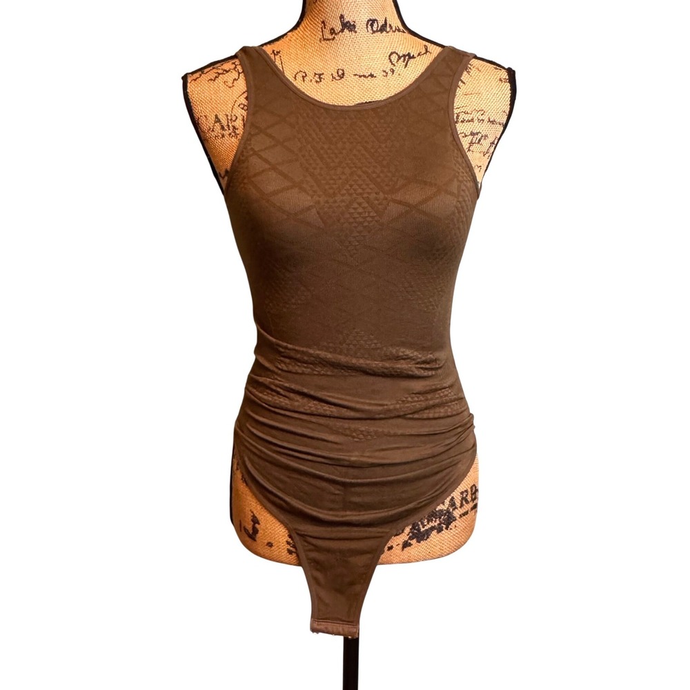Brown Geometric Jacquard Sleeveless Ruched Bodysuit High Neck XS